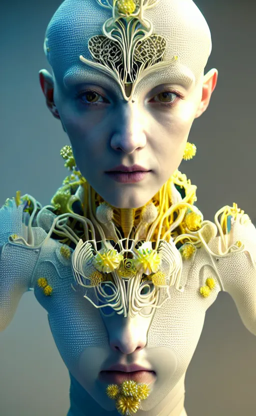 Image similar to intricate hyper detailed ultra sharp 3 d render of a beautiful smooth white porcelain seductive cyborg woman portrait, medium shot portrait, bright light, alexandre ferra mecha, haute couture deeply cyberpunk art nouveau huge white fractal mycelum and fungi light yellow blooms head ornaments, big embroidered leaves filigree spreaded roots, octane render, volumetric cinematic lighting, 8 k, vray tracing