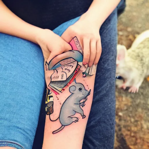 Prompt: tatoo skatch on girl's leg with cute rat reading newspapper sitting on mushroom