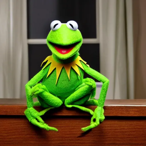 Prompt: photo of jim Henson's Kermit the frog looking a little disappointed to have been served divorce papers, professional photography, green frog felt Muppet puppet, high definition