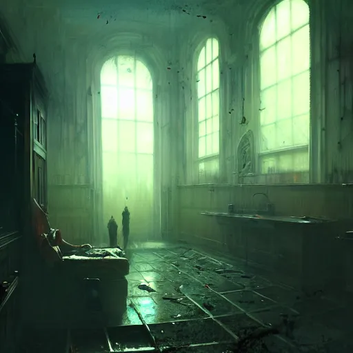 Image similar to psychiatric asylum, blood stains on the wall, horror scene, eerie atmosphere, by greg rutkowski and gaston bussiere, fluorescent lighting, beautiful volumetric - lighting - style atmosphere, futuristic atmosphere, intricate, detailed, photorealistic imagery, artstation