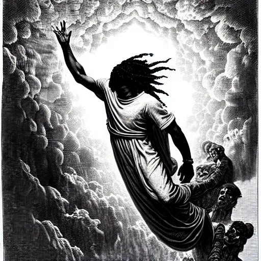 Image similar to chief keef ascending into heaven, biblical image, style of gustave dore, highly detailed, beautiful, high contrast