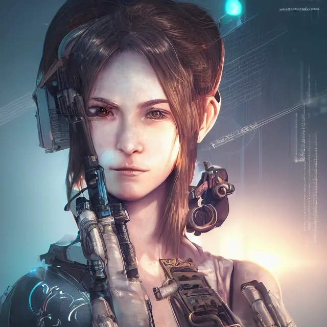 Image similar to the portrait of lawful neutral female cyberpunk marine sniper as absurdly beautiful, gorgeous, elegant, young gravure idol, an ultrafine hyperdetailed illustration by kim jung gi, irakli nadar, intricate linework, bright colors, octopath traveler, final fantasy, unreal engine 5 highly rendered, global illumination, radiant light, detailed and intricate environment