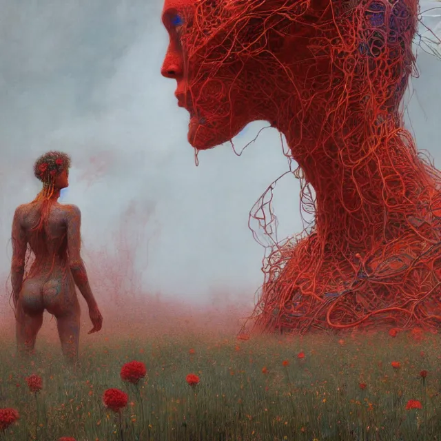 Prompt: A woman wearing clothes made out of thunder clouds and flowers, giant monsters in the background, red skin, Masterpiece, glowing, wires everywhere, by Edgar Maxence and Ross Tran, Zdzisław Beksiński, and Michael Whelan, distant, gustav dore, H.R. Giger, 8k, octane render