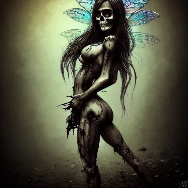 Prompt: full body pose, beautiful adult skull fairy, dirty, grungy, grunge, highly detailed, 4 k, hdr, smooth, sharp focus, high resolution, award - winning photo, artgerm, photorealistic