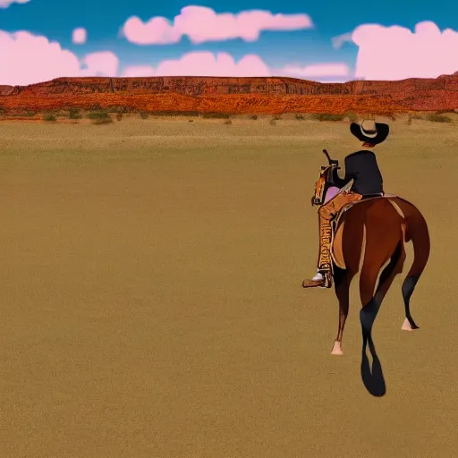 Prompt: cowboy on the range, beautiful New Mexico landscape, Art Deco, cel-shaded, unity, 8k, 4k