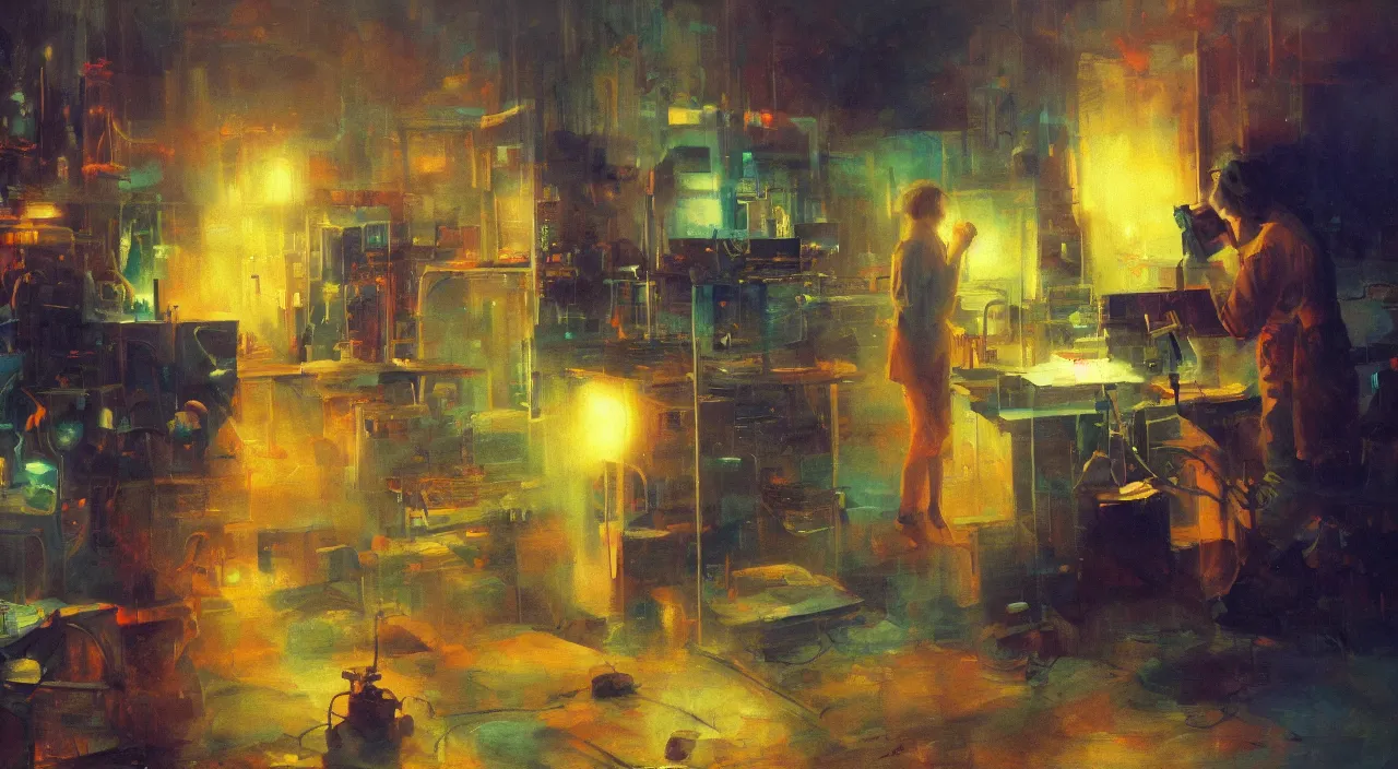 Prompt: a scientist discovers the answer to everything, vivid colors, soft lighting, atmospheric, cinematic, moody, oil on canvas, 8 k