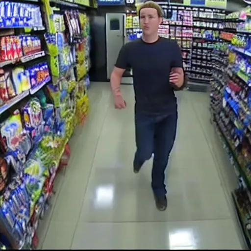 Image similar to mark zuckerberg committing armed robbery of a convenience store security camera footage