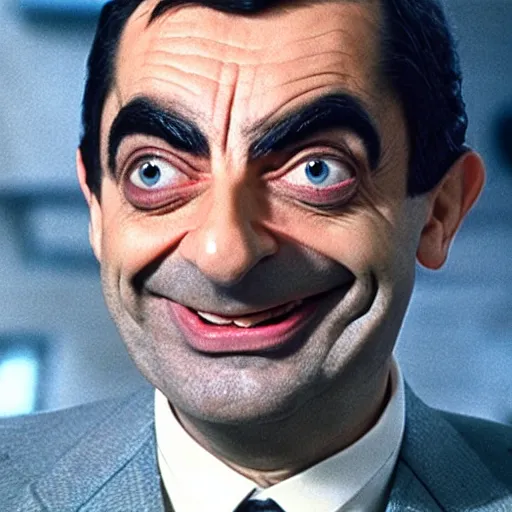 Prompt: a movie still of mr bean as a 1 9 8 0 s supervillain