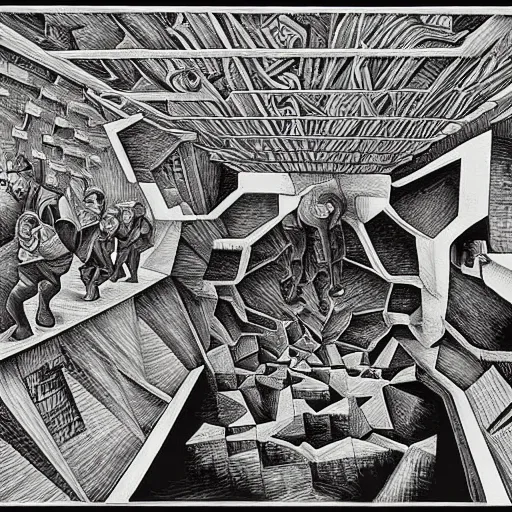 Image similar to the largest prime, mashup between mc escher and vincent van gogh