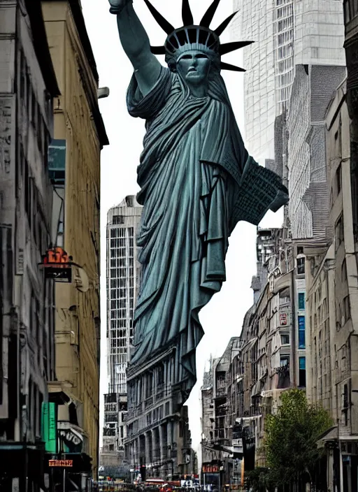 Image similar to giant monster walking between buildings, and it has the angry face of the statue of liberty