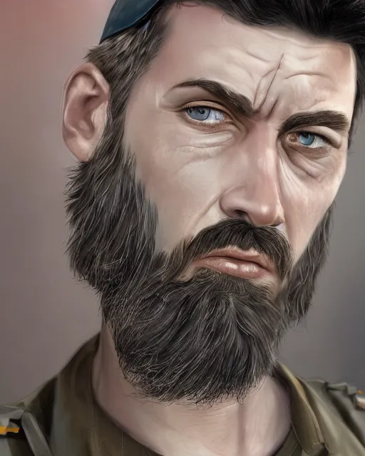Image similar to portrait of muscular, tired and alcoholic 3 0 - year - old handsome man with short darkblonde hair, serious sad look in his eyes, dirty beard, blue eyes, wearing dirty soldier uniform, on the desert, hyper realistic face, beautiful eyes, character art, art by mark brooks, hyperdetailed, cryengine, trending on artstation, digital art
