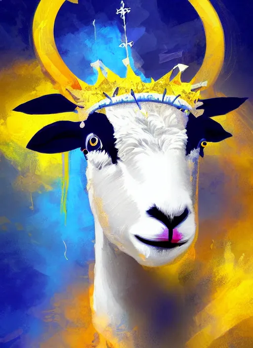 Prompt: a painting of a lamb's face with blue and yellow smoke coming out of, wearing a crown of thorns, a digital painting by petros afshar, behance contest winner, digital art, behance hd, digital illustration, digital painting