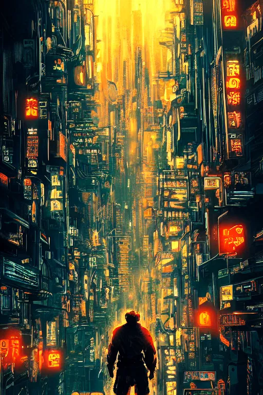 Image similar to movie poster for randypunk, intricate, orange eyes overlooking city, street gang, dramatic lighting, cyberpunk city, epic composition, bladerunner, tatsuki fujimoto