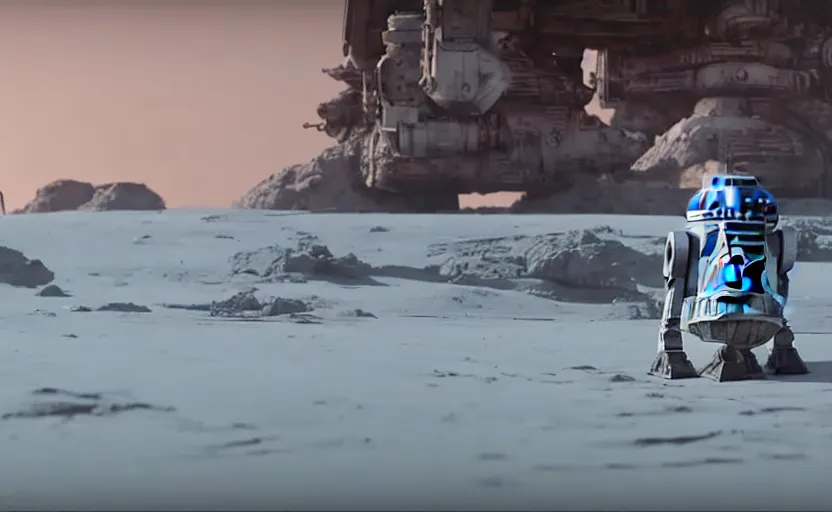 Image similar to a screenshot wide shot of astromech R2-D2 AT-AT land walkers, marching on a surreal red planet landscape, from The Last Jedi, iconic scene from the 1979 film directed by Stanley Kubrick, shot on anamorphic lenses, cinematography, 70mm film, lens flare, kodak color film stock, ektachrome, immensely detailed scene, 4k