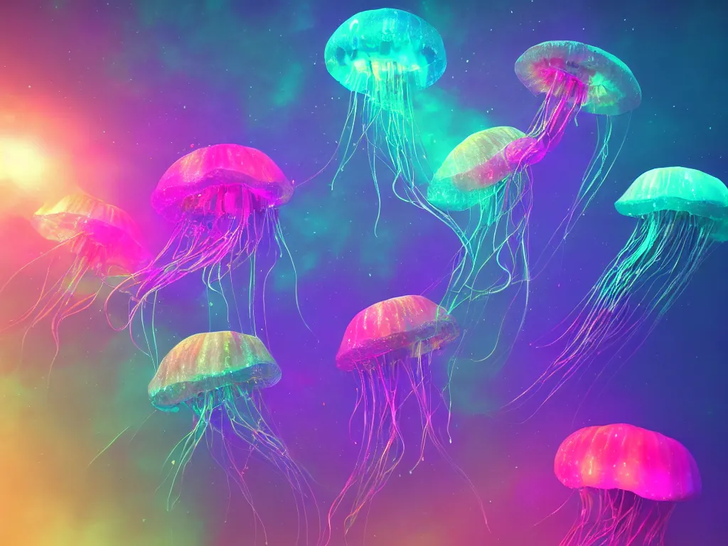 Prompt: three jellyfish swimming in a colorful nebula with shafts of light under a rainbow, trending on artstation, rendered in cinema 4 d, 8 k 3 d, cgsociety, zbrush, volumetric light, lightrays, cinematic, atmospheric, octane render, flickr, filmic, cryengine
