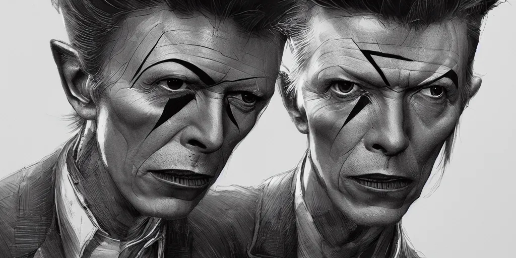 Image similar to David Bowie portrait, kim jung gi style, Greg Rutkowski, Zabrocki, Karlkka, Jayison Devadas, trending on Artstation, 8K, ultra wide angle, zenith view, pincushion lens effect