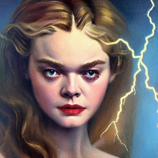 Prompt: ultra realistic portrait painting of elle fanning being struck by lightning, art by frank frazetta, vintage levi ’ s ad, stormy weather, dark vibes, 4 k, ultra realistic, highly detailed, epic lighting