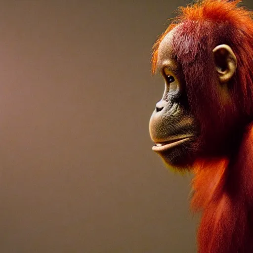 Image similar to movie still of an orangutan with the flowers head, cinematic composition, cinematic light, by edgar wright and david lynch, surrealist art