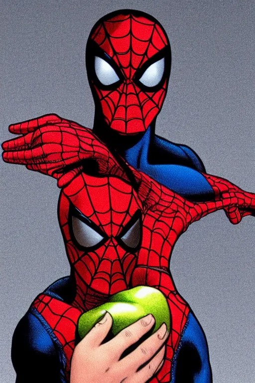 Image similar to Steve Jobs as unmasked Spiderman holding a bitten apple