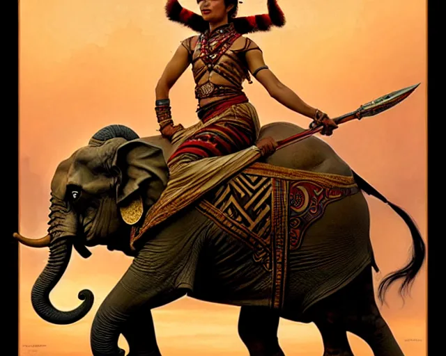 Image similar to magic tribal ethnic asian female, riding a war elephant, gorgeous lighting by weta studio, mucha, bautista and norman rockwell and greg rutkowski and tom bagshaw and james gurney and lucasfilm