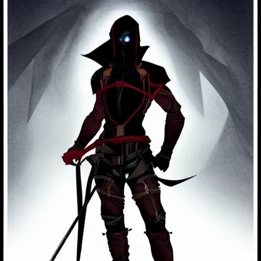 Image similar to male rogue, dungeons and dragons, red eyes, face covered, dark and mysterious.