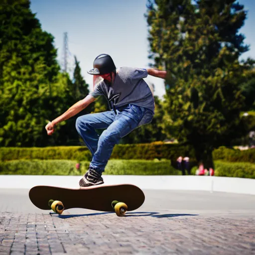 Image similar to man skateboarding on a giant nose, photography,