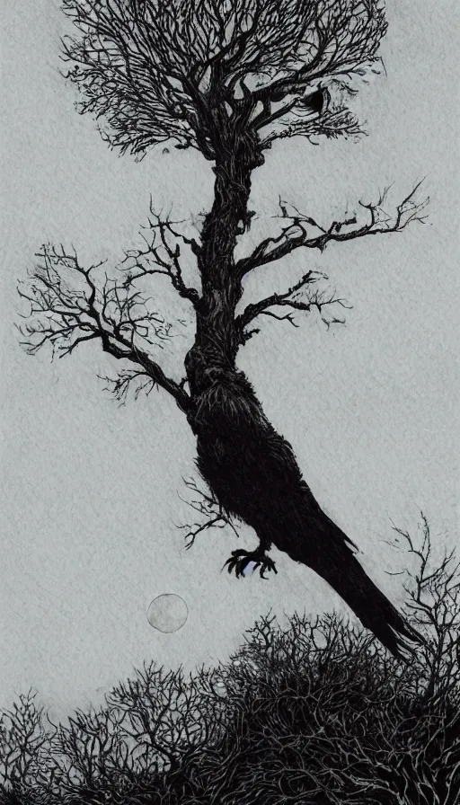 Prompt: book cover art, big crow on tree in front of the full big moon, watercolor, dramatic lighting, cinematic, establishing shot, extremely high detail, foto realistic, cinematic lighting, pen and ink, intricate line drawings, by Yoshitaka Amano, Ruan Jia, Kentaro Miura, Artgerm, post processed, concept art, artstation, matte painting, style by eddie mendoza, raphael lacoste, alex ross