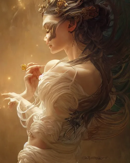 Image similar to portrait of a transcendental creature, d & d, fantasy, intricate, elegant, highly detailed, digital painting, artstation, concept art, smooth, sharp focus, illustration, art by artgerm and greg rutkowski and alphonse mucha