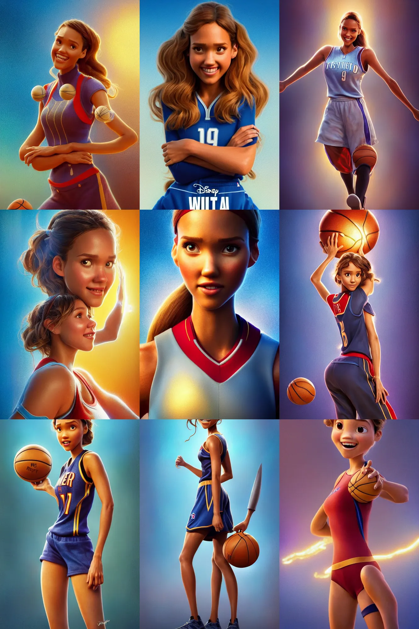 Prompt: disney pixar weta movie poster photo : : of jessica alba as nba hero ( basketball girl ) : : octane render, artstation, soft, decadent, polished, by mucha, artgerm, wlop, loish, beeple, illustration, fantasy, soft, smooth, sharp focus, digital painting, hi - fructose, rutkowski