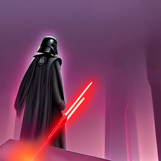 Image similar to lord vader at the steps of the jedi temple on coruscant, digital art