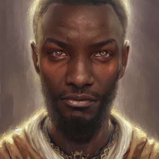 Prompt: the african merchant as a realistic fantasy d & d character, closeup portrait art by donato giancola and greg rutkowski, realistic face, digital art, trending on artstation