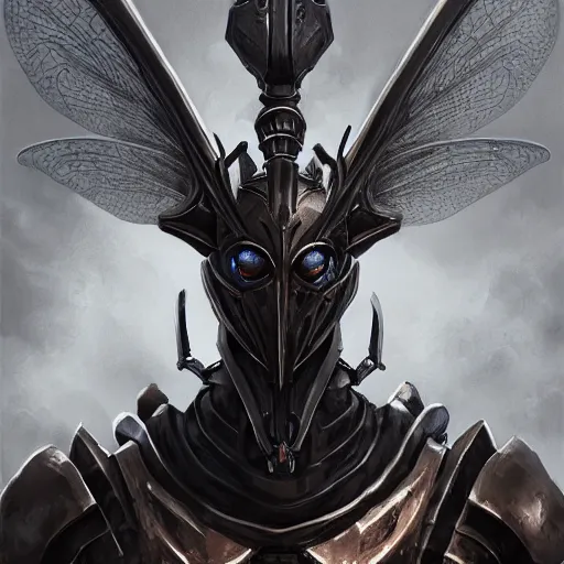 Image similar to portrait of humanoid mosquito resembling a knight in black armor with two dragonfly wings, league of legends splash art, hearthstone splash art, full body shot, rule of thirds, ultrafine hyperrealistic detailed face, artgerm, greg rutkowski, trending on artstation, 8 k, intricately detailed, highly detailed