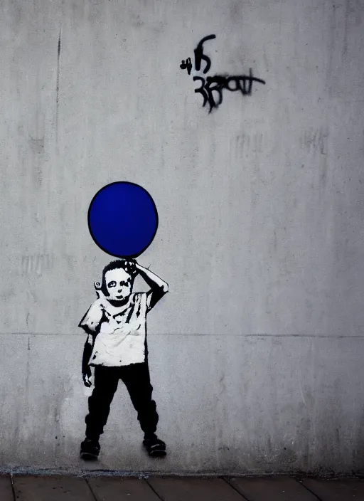 Image similar to A black and white graffiti of boy holding a single graffiti dark blue balloon on a concrete background in the style of Banksy, graffiti, digital art