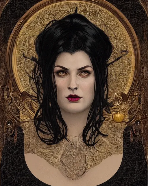 Image similar to portrait of evil a tall 4 0 - year - old woman with thin lips, heavy - lidded eyes, a strong jaw and long, thick shining black hair, thick eyebrows and long eyelashes, wearing in black clothes, hyper realistic face, beautiful eyes, fantasy art, in the style of greg rutkowski, intricate, alphonse mucha, hyper detailed, smooth