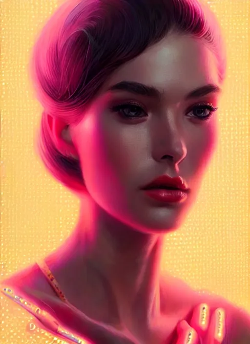 Image similar to photorealistic portrait of female humanoid, highly intricate, retro 6 0 s fashion, elegant, highly detailed, crispy quality and cyber neon light reflections, trending in artstation, trending in pinterest, glamor pose, sharp focus, no signature, no watermark, art by artgerm and greg rutkowski