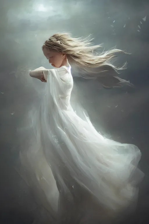 Prompt: little girl dancing in the wind, beautiful face, ethereal, bride, beautiful wedding dress, gorgeous, volumetric lighting, elegant, fluid, very highly detailed, digital painting, concept art, illustration, limited color palette, atmosphere and tension, trending on artstation