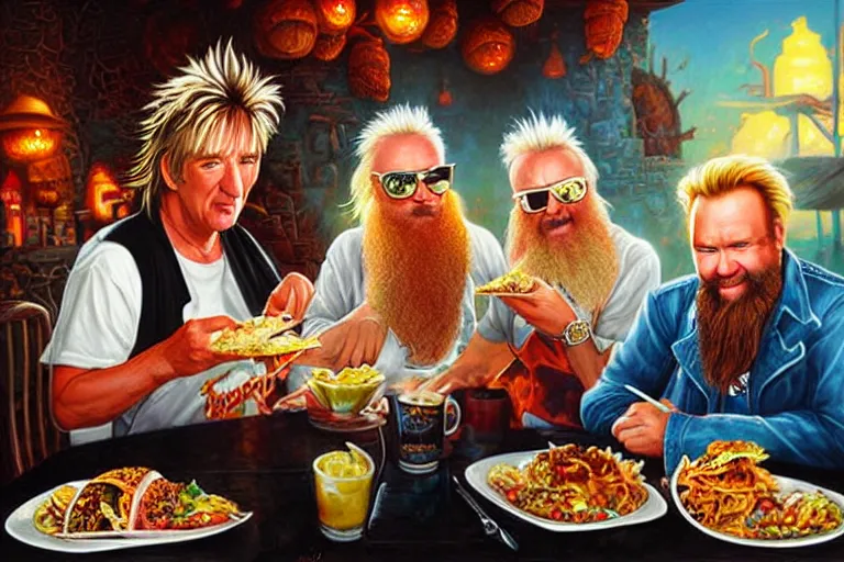 Image similar to rod stewart eating tacos with zz top, an oil painting by ross tran and thomas kincade