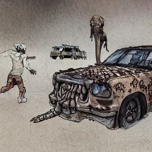 Image similar to a sketch of a decomposing zombie in a post - apocalyptic desert, gta 5 cover art style, the desert is in watercolor, elephant skull, pencil, intermediate art, paper art, pencil, bold lines, humans with apocalypse clothes on in the background, by an gta 5 loading screen artist