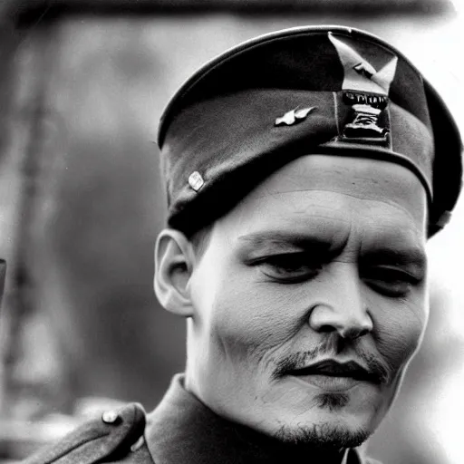 Image similar to johnny depp as a soldier in world war 2, award winning war photo