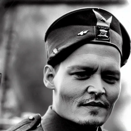 Prompt: johnny depp as a soldier in world war 2, award winning war photo