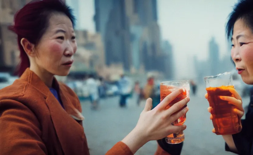 Prompt: cinestill 5 0 d candid photographic portrait by helen levitt of two android women sharing a drink in futuristic china, extreme closeup, modern cyberpunk, dust storm, 8 k, hd, high resolution, 3 5 mm, f / 3 2, ultra realistic faces, intricate detail, ex machina