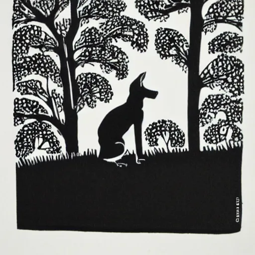 Image similar to minimalist linocut, black and white, greyhound in a forest