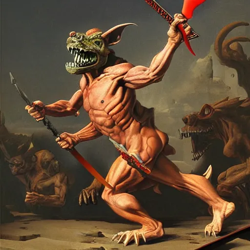 Image similar to dog - faced muscular goblin, ugly face, lizard tail, holding scimitar made of bone, scimitar, sword, jagged sword, curved sword, orkish sword, gray skin, red sky, hyper - detailed, primeval fantasy, prehistoric fantasy, art by jacques - louis david