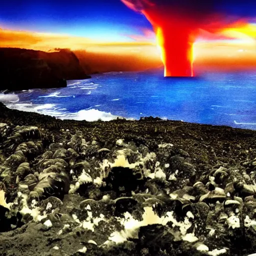 Image similar to madeira island nuked by a nuclear bomb, cloud shroom, cinematic shot, realistic, hdr, color, wide shot