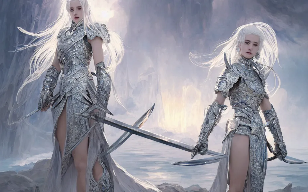 Image similar to white hair knights of zodiac girl, sliver ice color reflected armor, bushido fighting in ruined agora of athens sunrise, ssci - fi and fantasy, intricate and very very beautiful and elegant, highly detailed, digital painting, artstation, concept art, smooth and sharp focus, illustration, art by tian zi and wlop and alphonse mucha