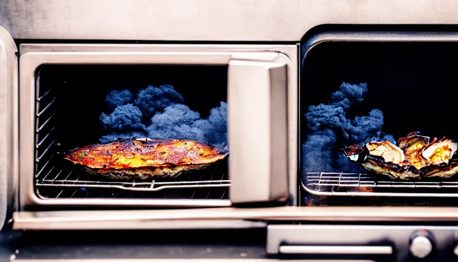 Prompt: a photo of smoke coming out of seymour's oven, next to a window, seymour's roast is ruined, steamed clams, color photography, high quality, volumetric light, beautiful, 4 k