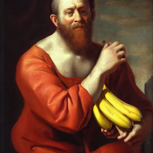 Prompt: man caressing a banana, oil painting, 1 6 6 9, high quality, high resolution