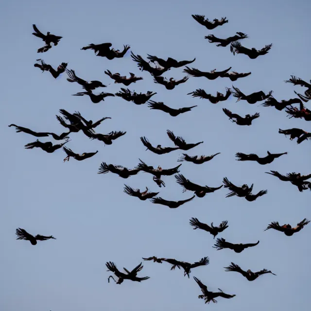 Prompt: A lot of men with wings riding motorcycles in sky