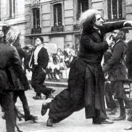 Image similar to a close - up old black and white photo, 1 9 1 3, depicting isaac newton wearing a big wig fighting gottfried leibnitz wearing a big wig in the streets of paris, rule of thirds, historical record