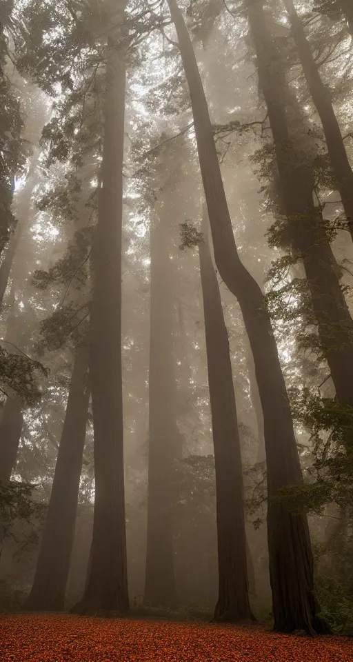 Image similar to a beautiful Manhattan brownstone in the middle of the redwood forest, foggy, magic hour, backlit, beams of light, godrays